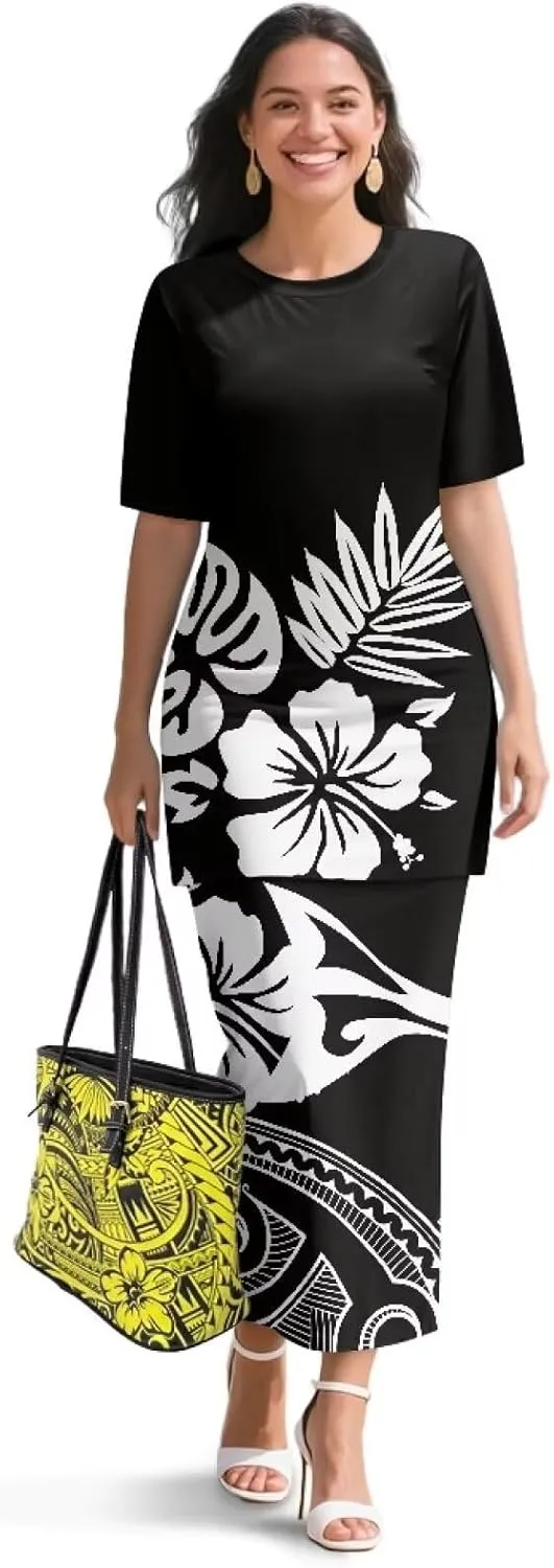 Puletasi Samoan Traditional 2 Piece Outfits for Women Short Sleeve Crop Top and Maxi Skirt Sets Puletasi Dress