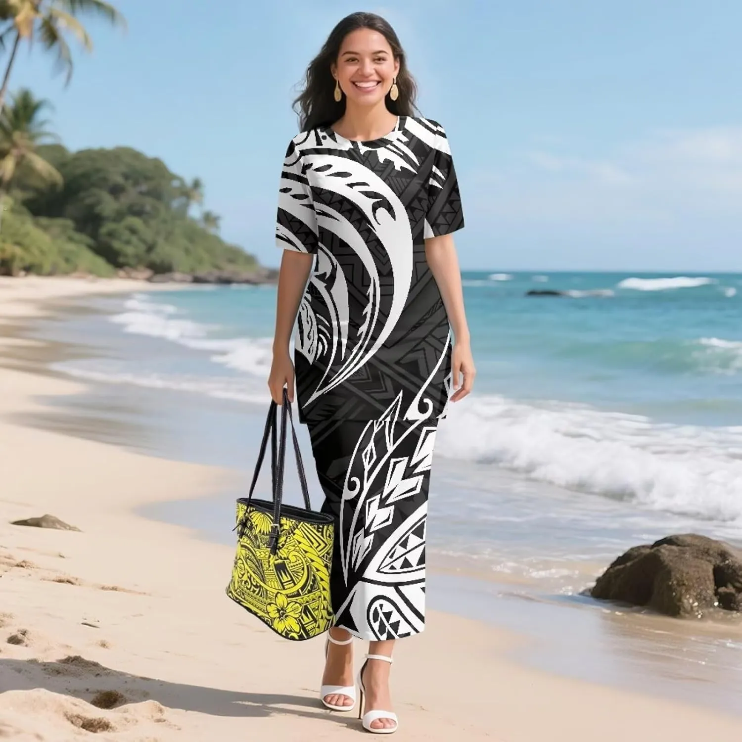 Puletasi Samoan Traditional 2 Piece Outfits for Women Short Sleeve Crop Top and Maxi Skirt Sets Puletasi Dress