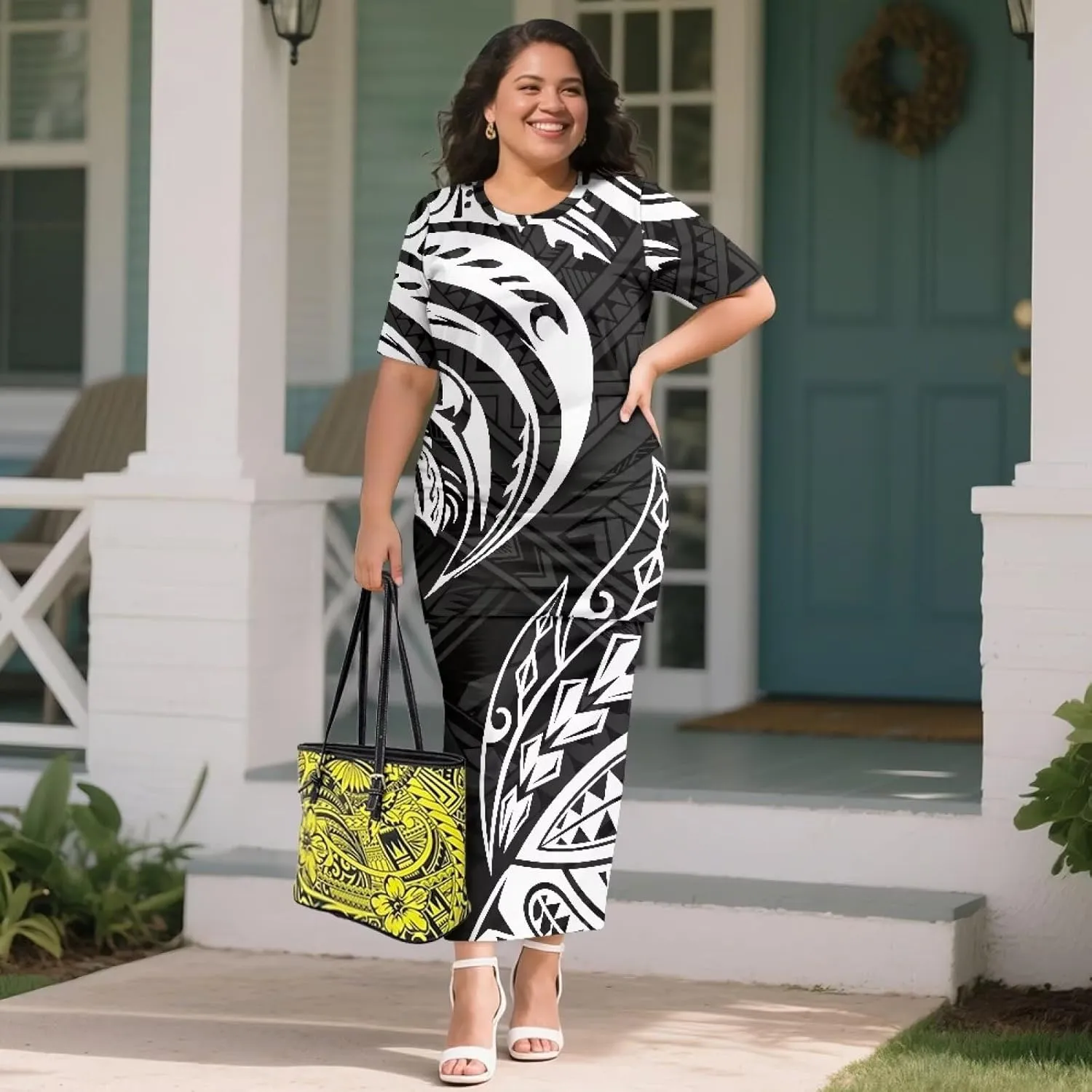 Puletasi Samoan Traditional 2 Piece Outfits for Women Short Sleeve Crop Top and Maxi Skirt Sets Puletasi Dress