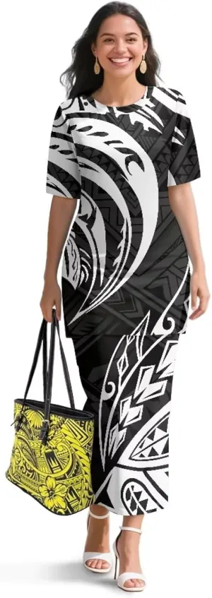 Puletasi Samoan Traditional 2 Piece Outfits for Women Short Sleeve Crop Top and Maxi Skirt Sets Puletasi Dress