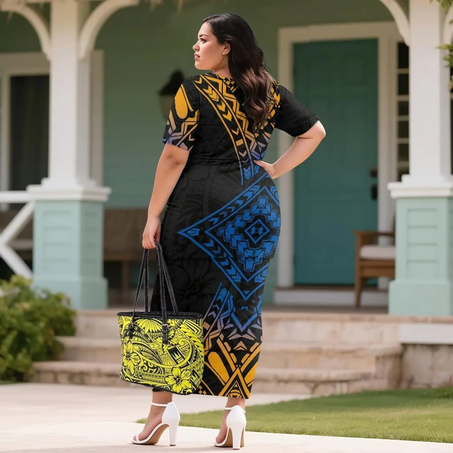 Puletasi Samoan Traditional 2 Piece Outfits for Women Short Sleeve Crop Top and Maxi Skirt Sets Puletasi Dress