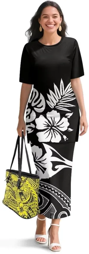 Puletasi Samoan Traditional 2 Piece Outfits for Women Short Sleeve Crop Top and Maxi Skirt Sets Puletasi Dress