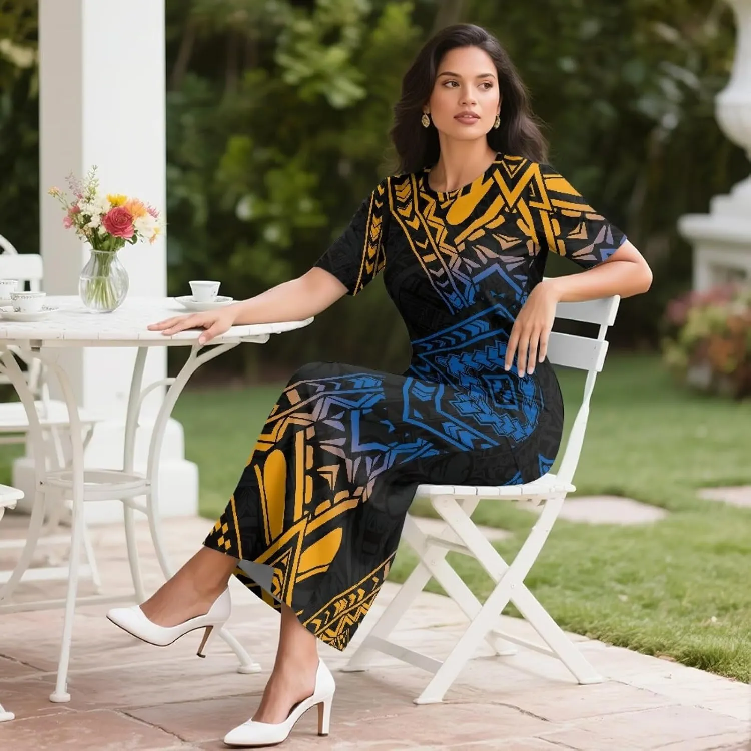 Puletasi Samoan Traditional 2 Piece Outfits for Women Short Sleeve Crop Top and Maxi Skirt Sets Puletasi Dress