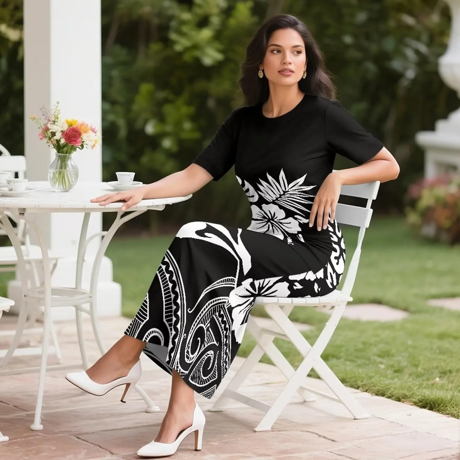 Puletasi Samoan Traditional 2 Piece Outfits for Women Short Sleeve Crop Top and Maxi Skirt Sets Puletasi Dress