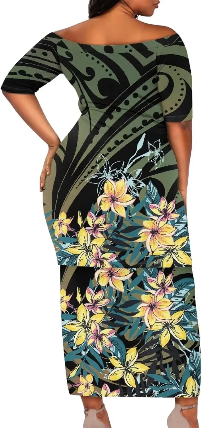 Puletasi Samoan Traditional Womens 2 Piece Outfit Skirt Sets Off Shoulder Long Dress Set Top Skirts Outfits