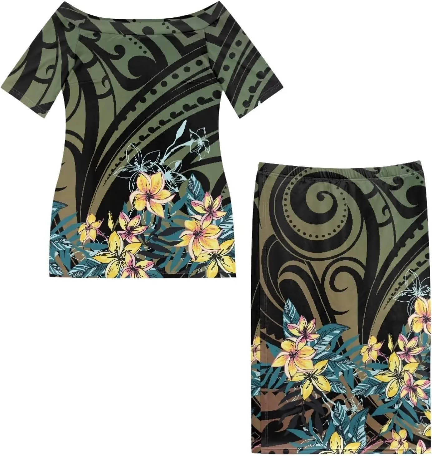 Puletasi Samoan Traditional Womens 2 Piece Outfit Skirt Sets Off Shoulder Long Dress Set Top Skirts Outfits