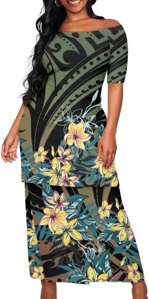 Puletasi Samoan Traditional Womens 2 Piece Outfit Skirt Sets Off Shoulder Long Dress Set Top Skirts Outfits