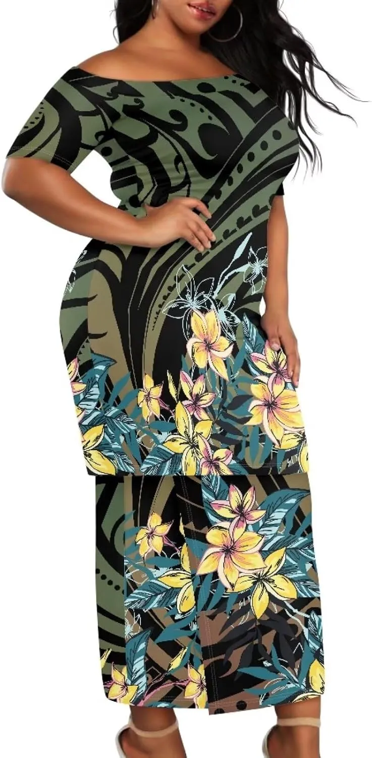 Puletasi Samoan Traditional Womens 2 Piece Outfit Skirt Sets Off Shoulder Long Dress Set Top Skirts Outfits
