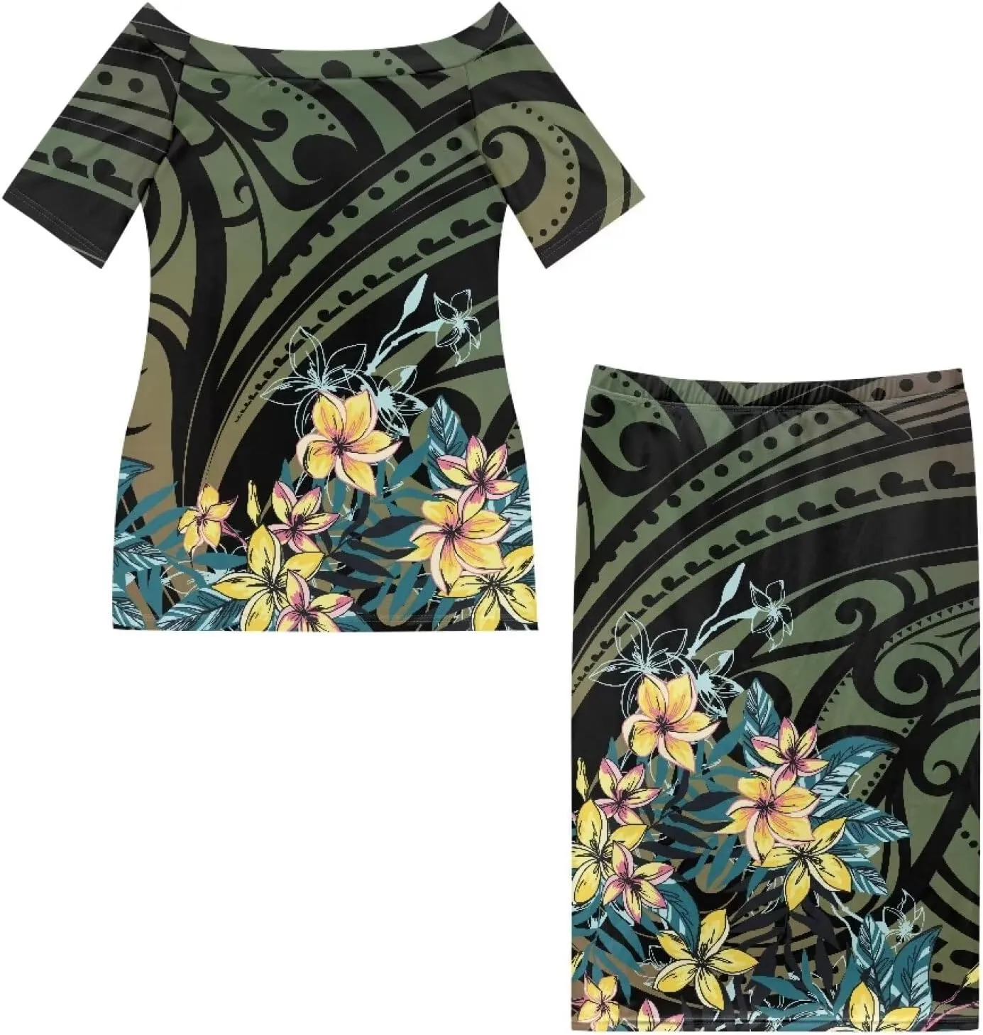 Puletasi Samoan Traditional Womens 2 Piece Outfit Skirt Sets Off Shoulder Long Dress Set Top Skirts Outfits
