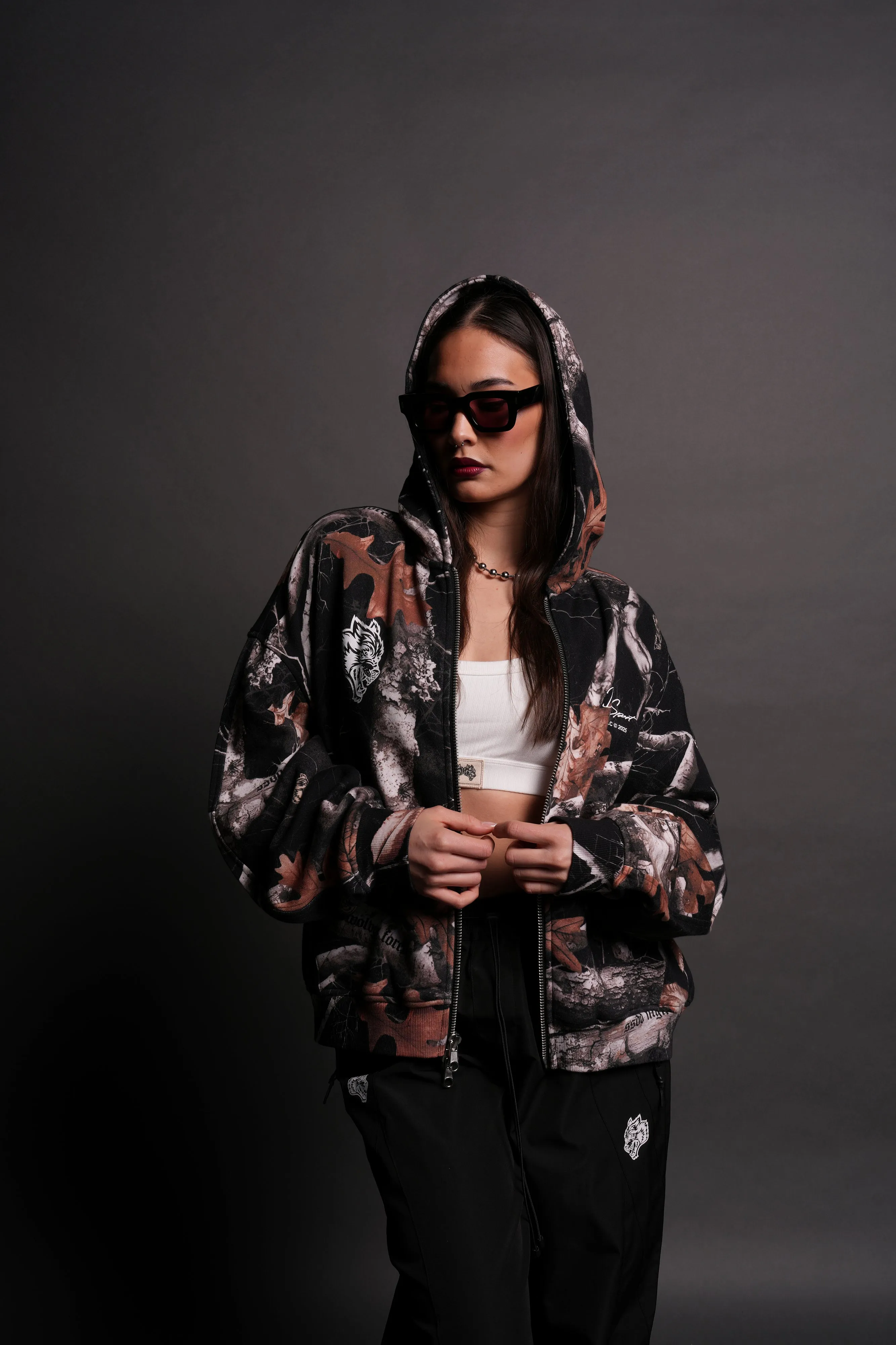 Respect The Wolves Darco Double Zip Hoodie in Darc Woodland Camo