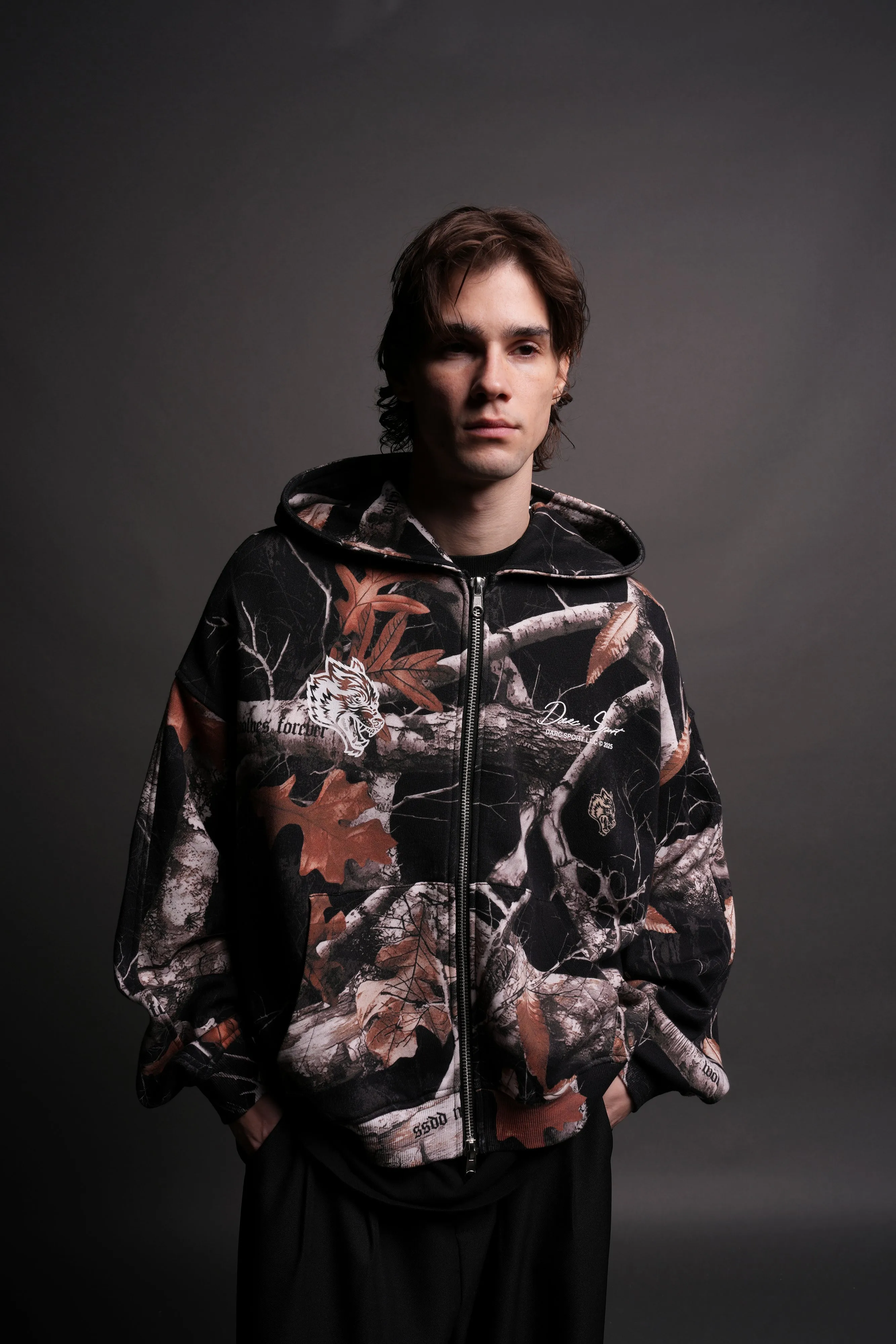 Respect The Wolves Darco Double Zip Hoodie in Darc Woodland Camo