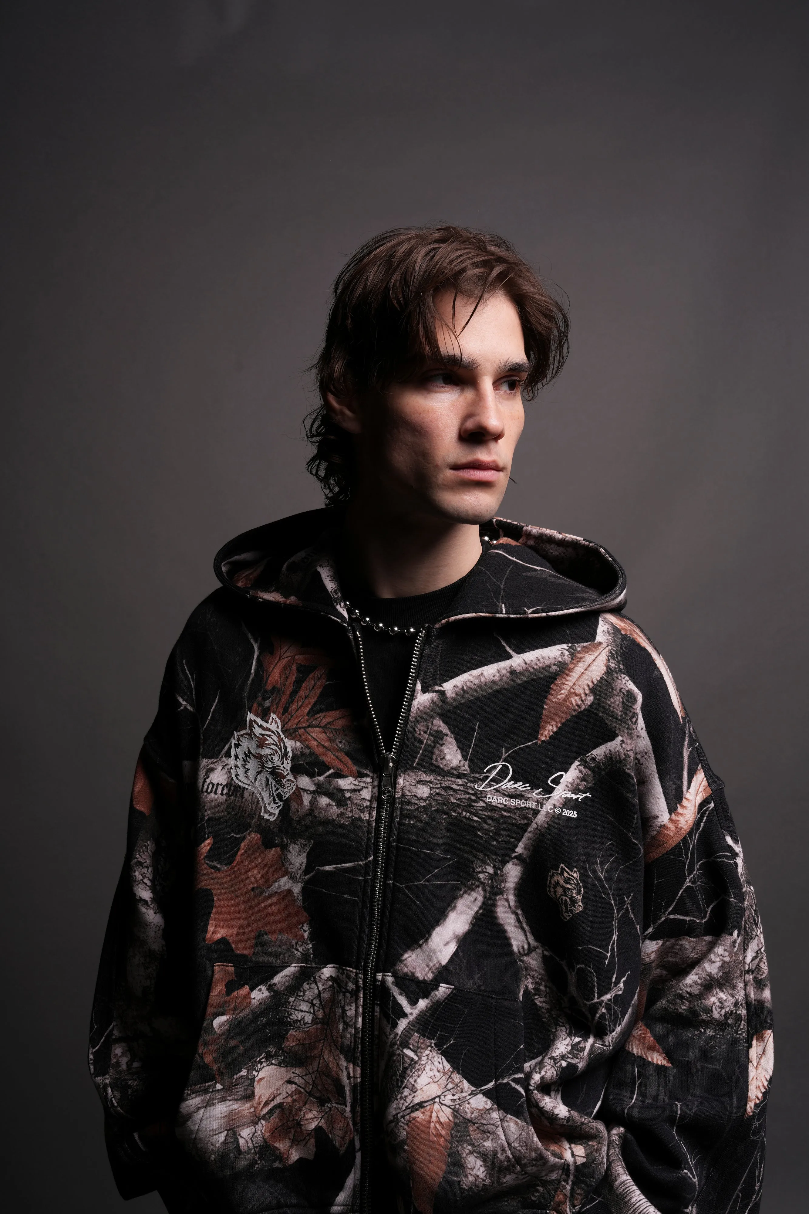 Respect The Wolves Darco Double Zip Hoodie in Darc Woodland Camo