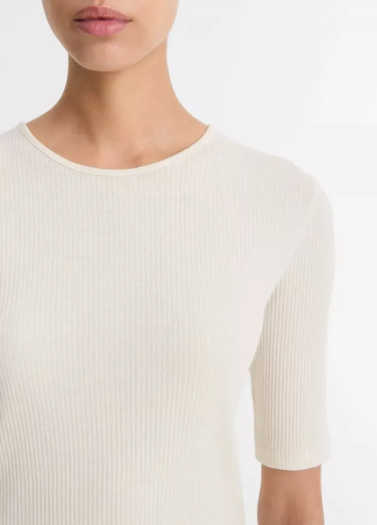 Ribbed Cotton Elbow-Sleeve T-Shirt - Light White Sand
