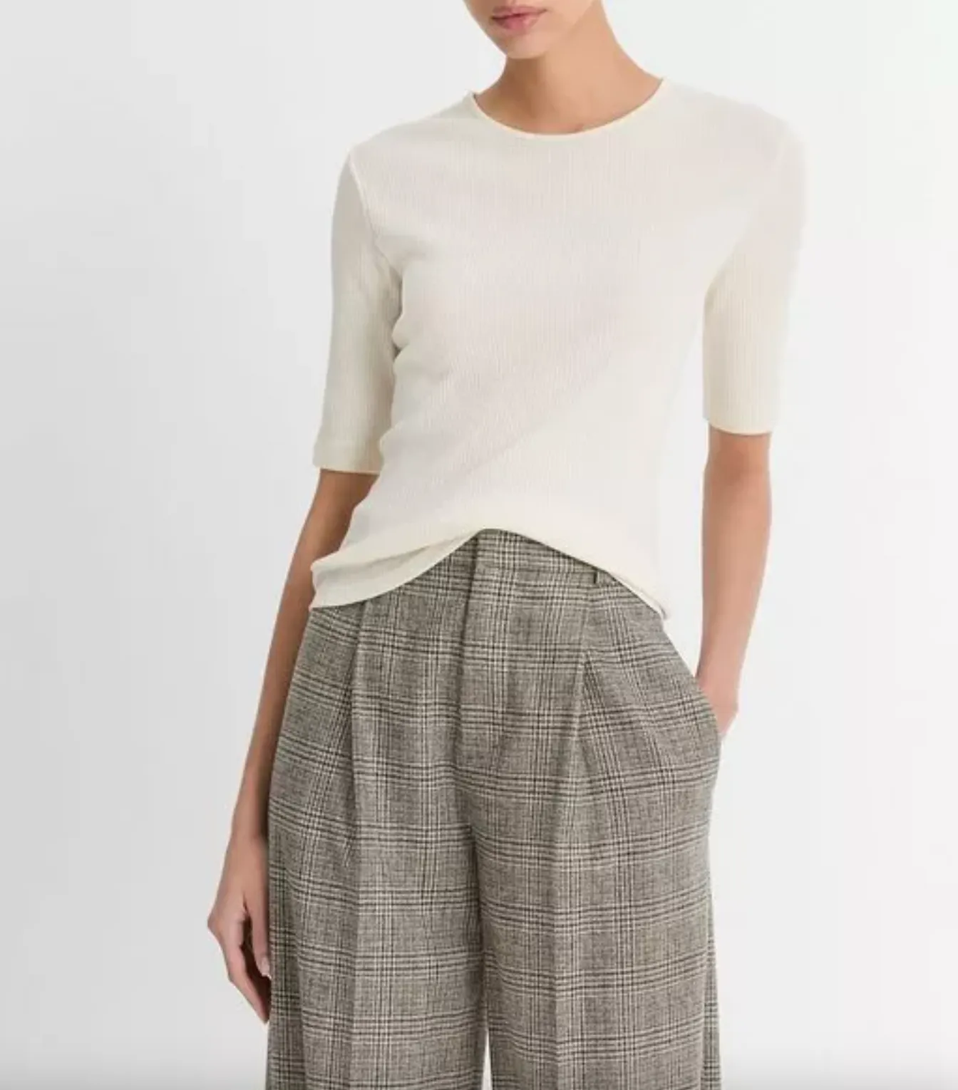 Ribbed Cotton Elbow-Sleeve T-Shirt - Light White Sand