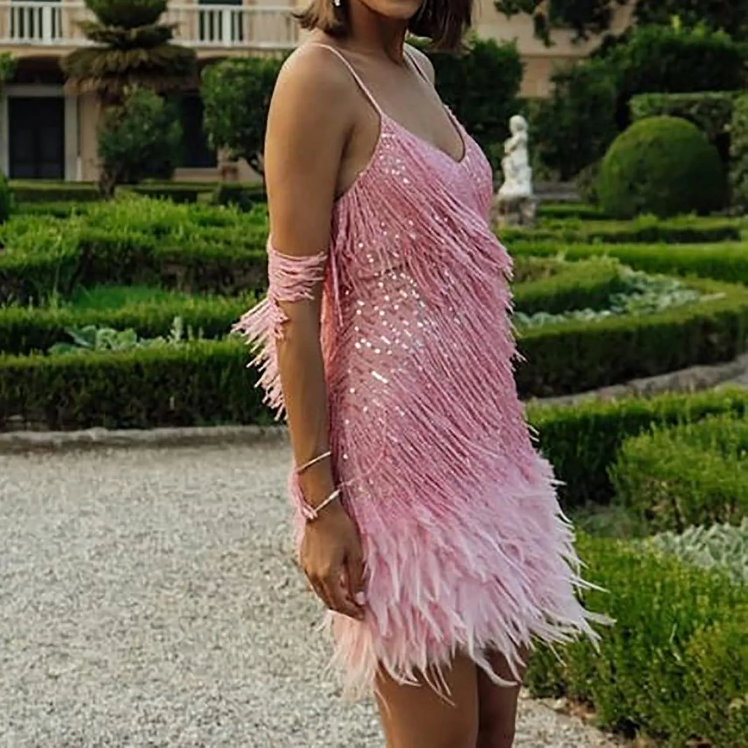 Ruziyoog Fashion Dress for Women Elegant Tassels Sequin Fringe Flapper Dresses Sexy Spaghetti Straps Mini Dancewear Dress