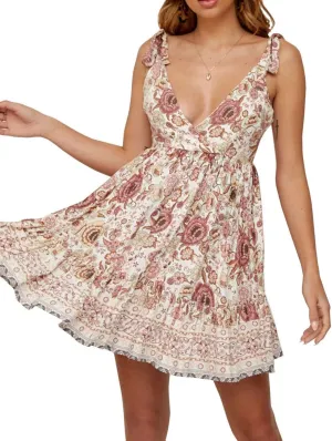 R.Vivimos Women Summer Spaghetti Straps Cotton Floral Print Backless V Neck Swing Mini Dress