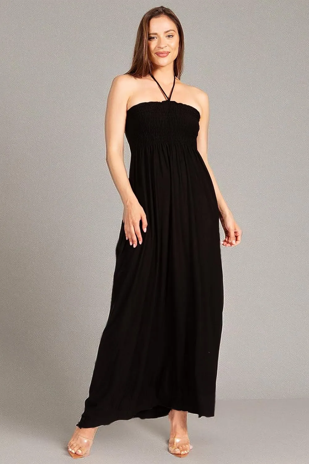 Sakkas Soft Jersey Feel Solid Color Smocked Bodice String Halter Long Dress