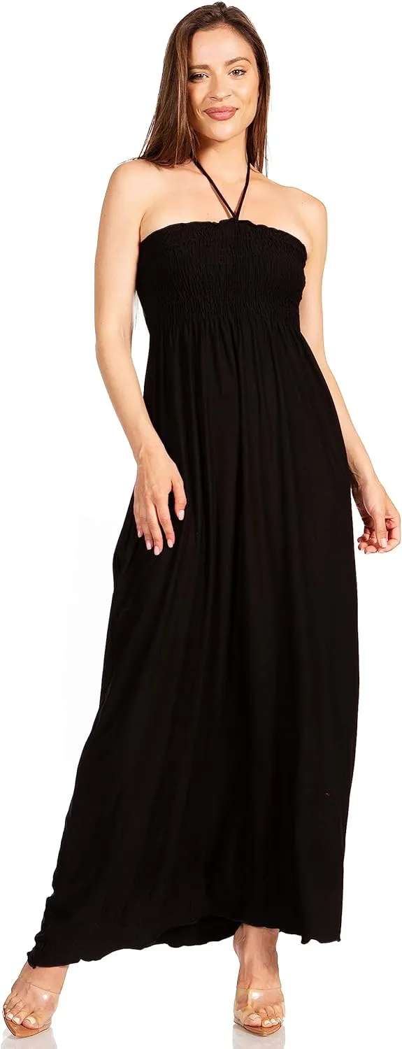Sakkas Soft Jersey Feel Solid Color Smocked Bodice String Halter Long Dress