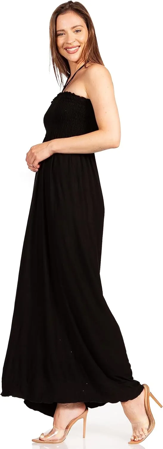 Sakkas Soft Jersey Feel Solid Color Smocked Bodice String Halter Long Dress