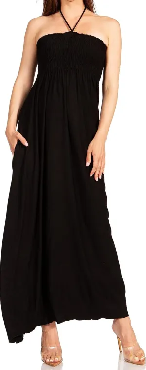 Sakkas Soft Jersey Feel Solid Color Smocked Bodice String Halter Long Dress