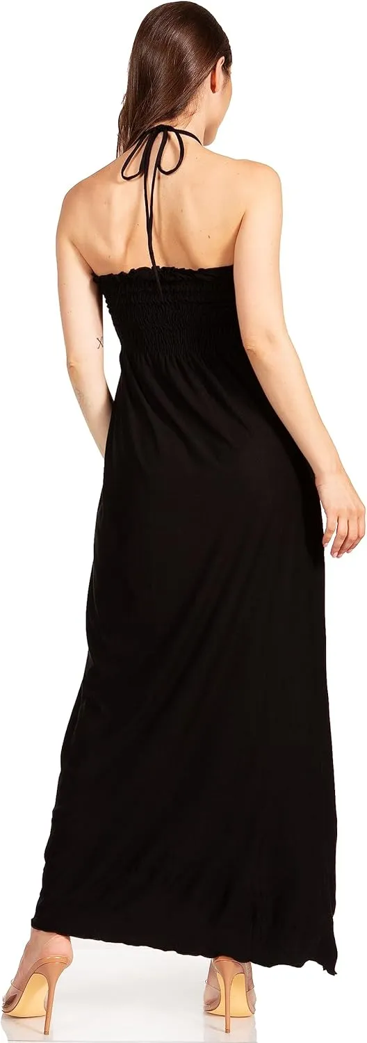 Sakkas Soft Jersey Feel Solid Color Smocked Bodice String Halter Long Dress