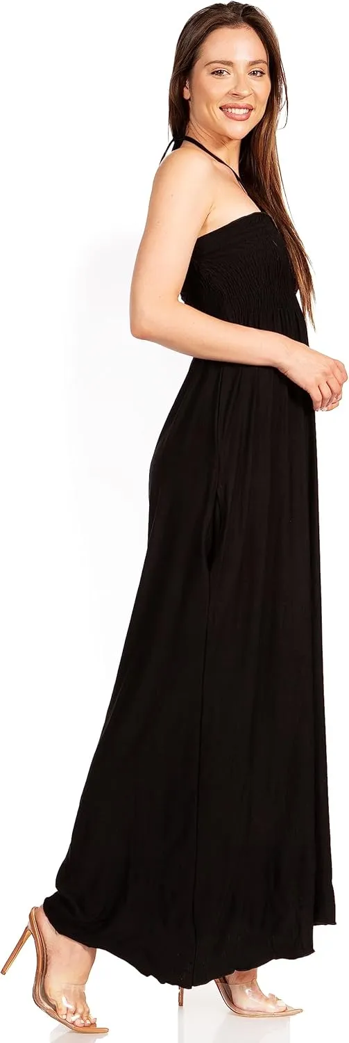Sakkas Soft Jersey Feel Solid Color Smocked Bodice String Halter Long Dress