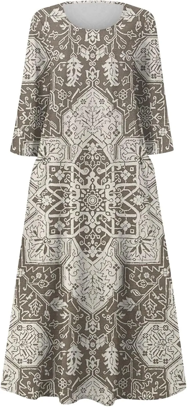 Segaven Womens Dresses 3/4 Sleeve Printed Sundresses with Pocket U Neck Boho Flowy Beach Dress Trendy Maxi Dresses