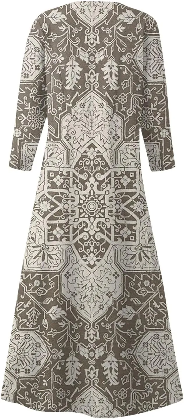 Segaven Womens Dresses 3/4 Sleeve Printed Sundresses with Pocket U Neck Boho Flowy Beach Dress Trendy Maxi Dresses