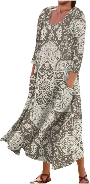Segaven Womens Dresses 3/4 Sleeve Printed Sundresses with Pocket U Neck Boho Flowy Beach Dress Trendy Maxi Dresses