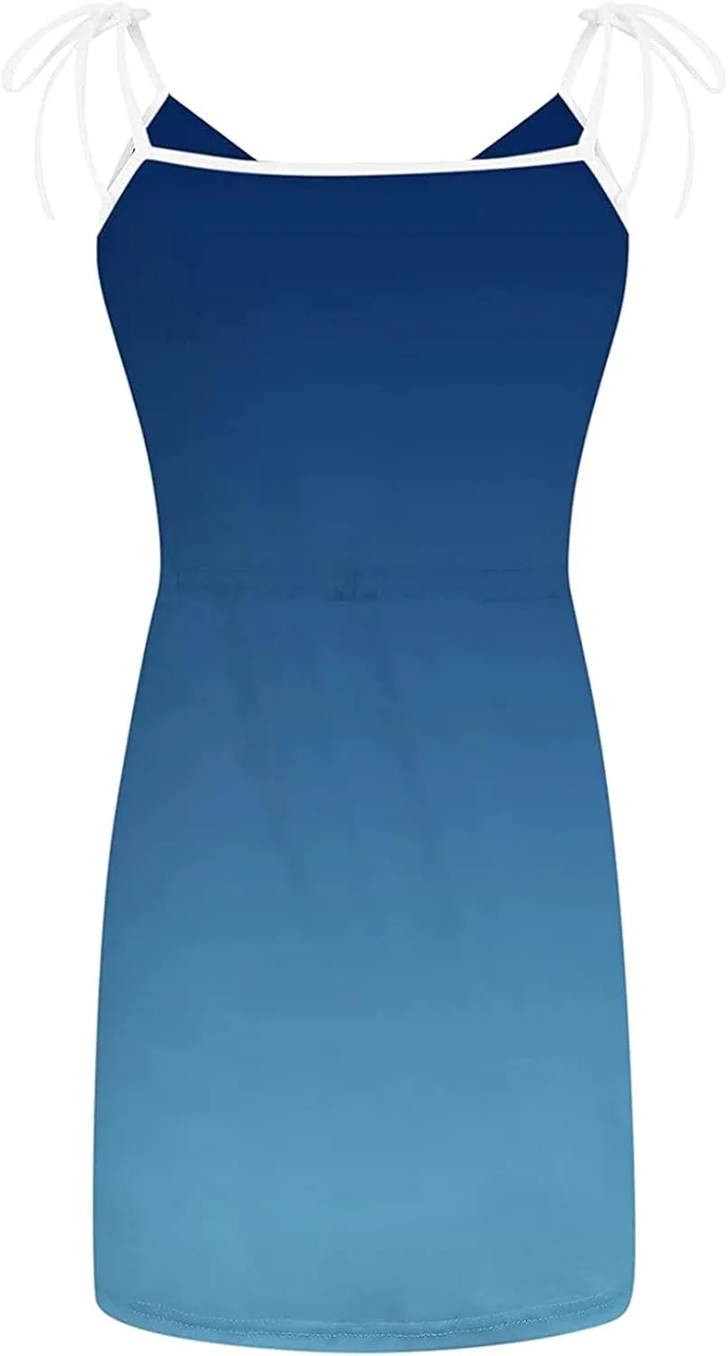 Sleeveless Gradient Drawstring Mini Dress for Women Comfy Fit Tank Sundress with Pockets Summer Vacation Casual Look