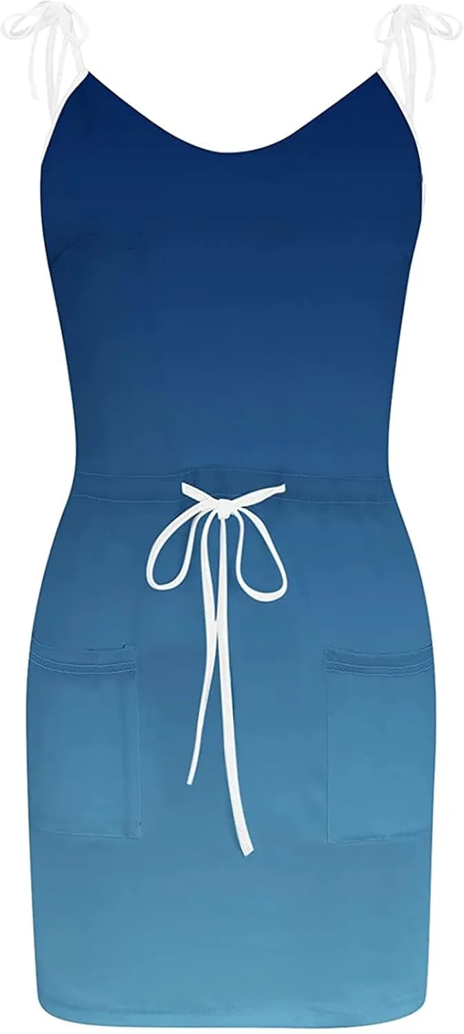 Sleeveless Gradient Drawstring Mini Dress for Women Comfy Fit Tank Sundress with Pockets Summer Vacation Casual Look