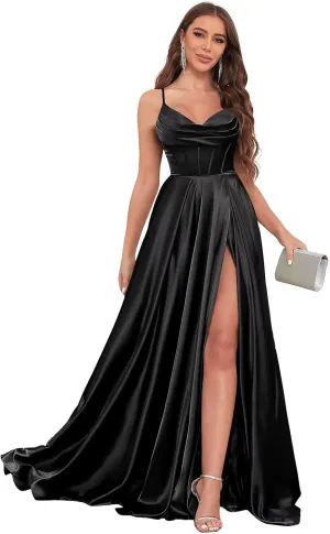 Spaghetti Straps Prom Dresses for Women with Slit Pockets Pleated A-Line Satin Corset Formal Party Gown