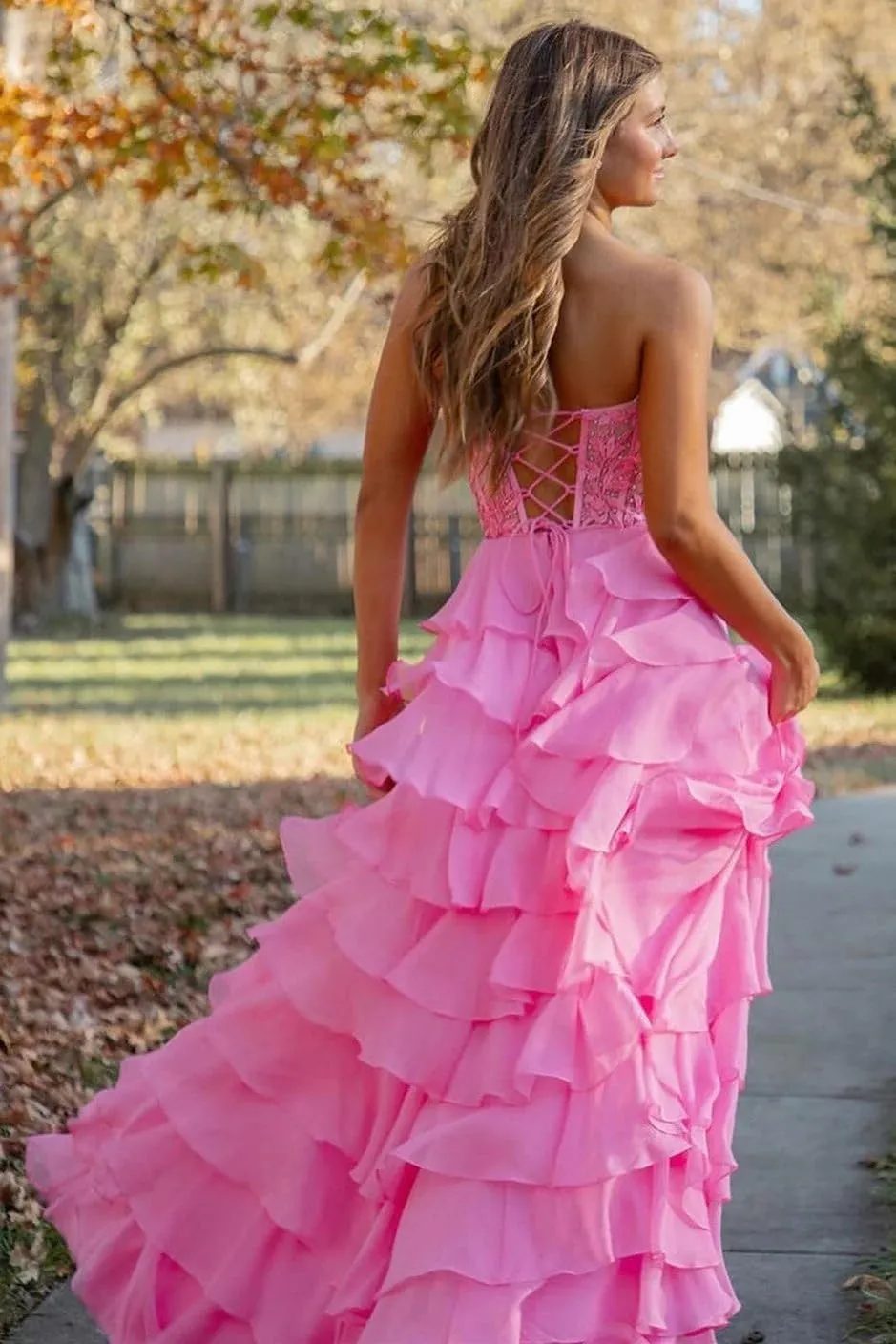 Strapless Prom Dresses 2025 for Women Lace Tiered Chiffon Long Formal Evening Gown with Slit