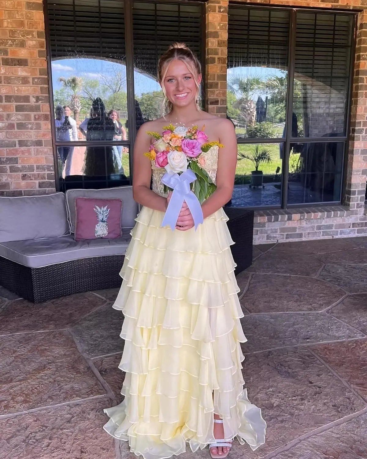 Strapless Prom Dresses 2025 for Women Lace Tiered Chiffon Long Formal Evening Gown with Slit