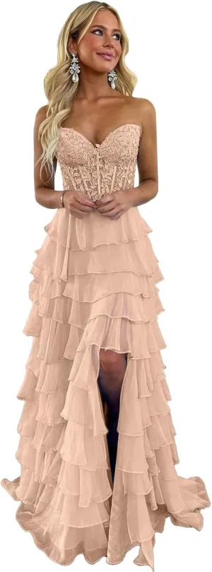 Strapless Prom Dresses 2025 for Women Lace Tiered Chiffon Long Formal Evening Gown with Slit