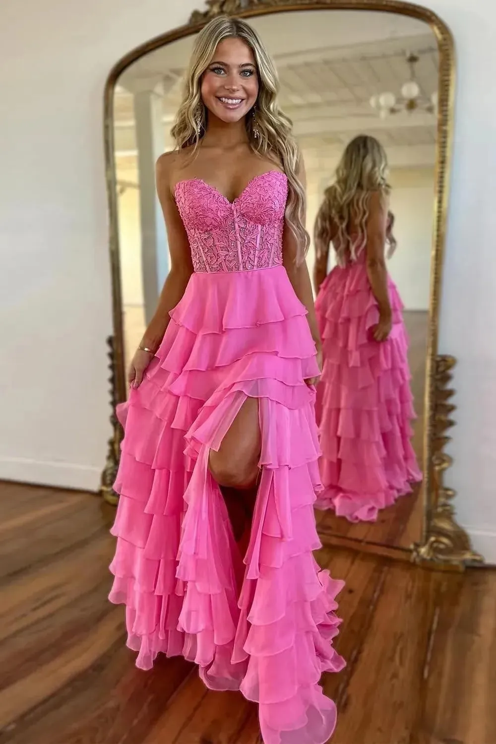 Strapless Prom Dresses 2025 for Women Lace Tiered Chiffon Long Formal Evening Gown with Slit