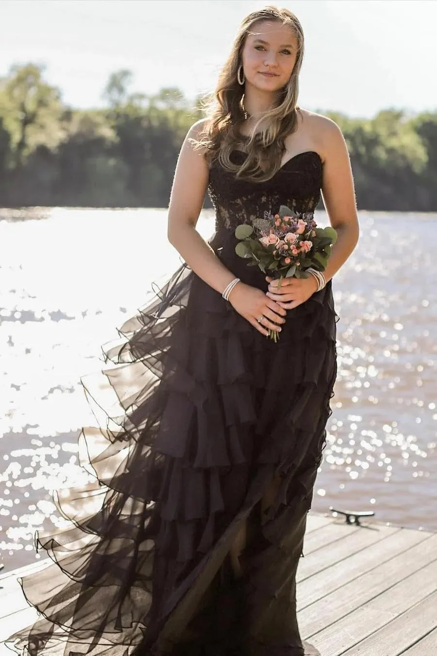 Strapless Prom Dresses 2025 for Women Lace Tiered Chiffon Long Formal Evening Gown with Slit