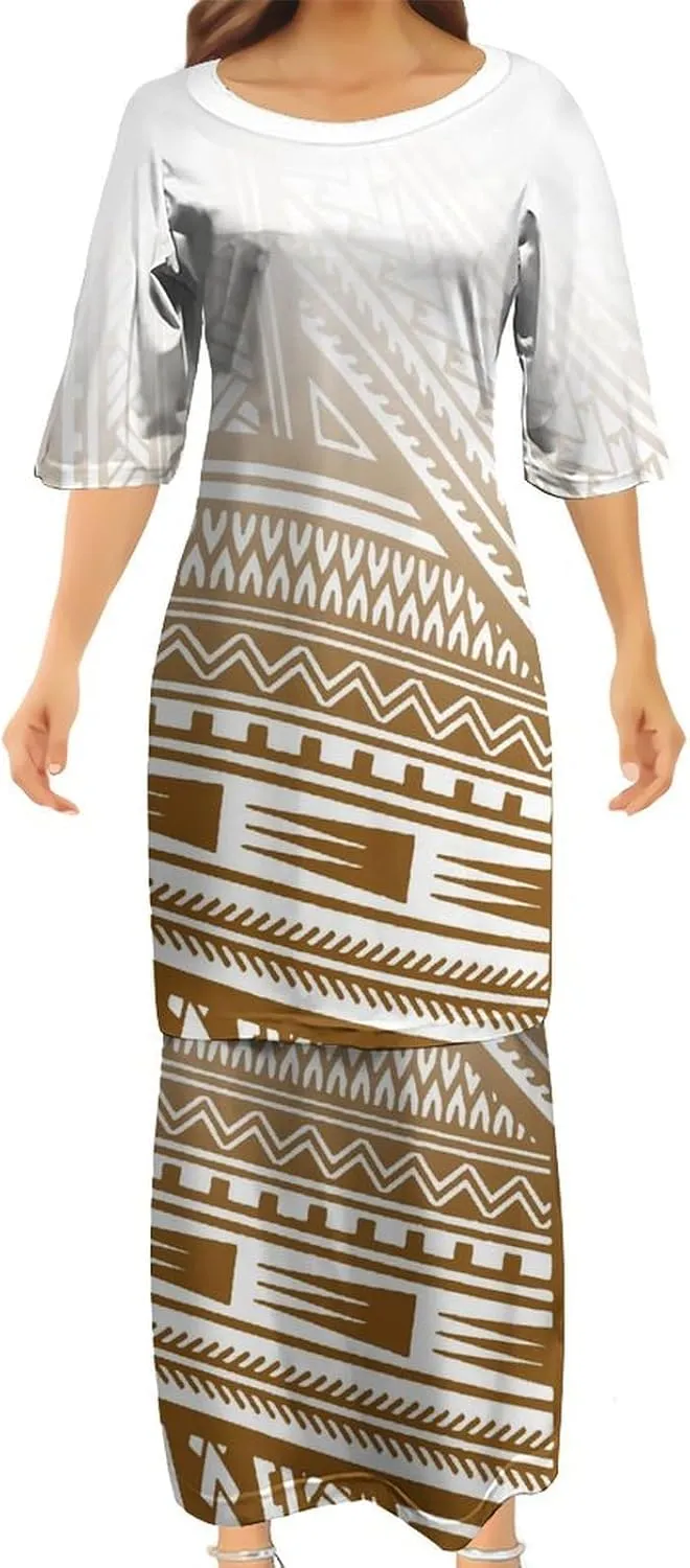 Summer Crewneck Short Sleeved Puletasi Loose Top and Skirt Custom Polynesian Print Tribal Dress Casual Long Skirt
