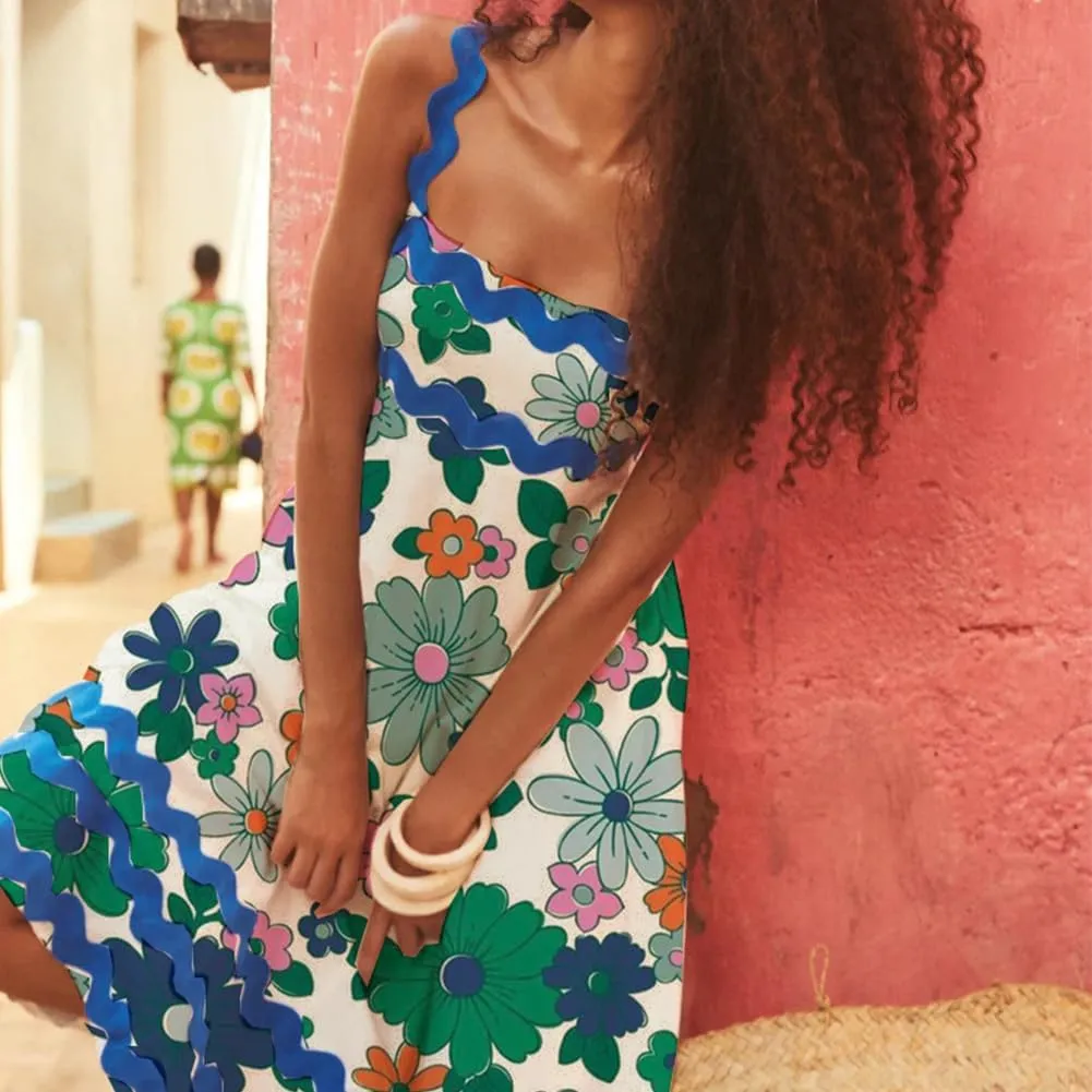 Summer Dresses for Women 2024 Rickrack Trim Spaghetti Straps Smocked Boho Flowy Loose A-Line Maxi Dress