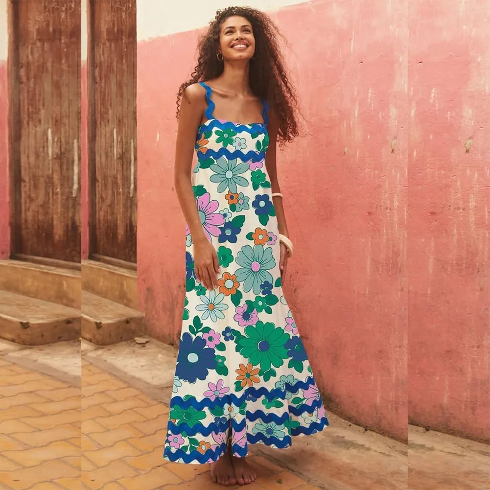 Summer Dresses for Women 2024 Rickrack Trim Spaghetti Straps Smocked Boho Flowy Loose A-Line Maxi Dress
