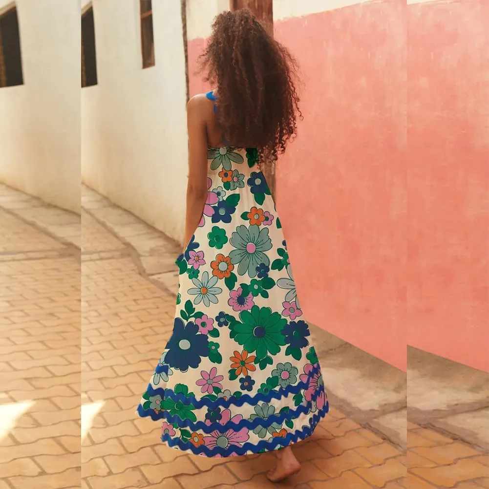 Summer Dresses for Women 2024 Rickrack Trim Spaghetti Straps Smocked Boho Flowy Loose A-Line Maxi Dress