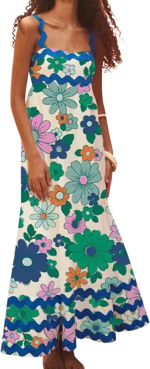 Summer Dresses for Women 2024 Rickrack Trim Spaghetti Straps Smocked Boho Flowy Loose A-Line Maxi Dress