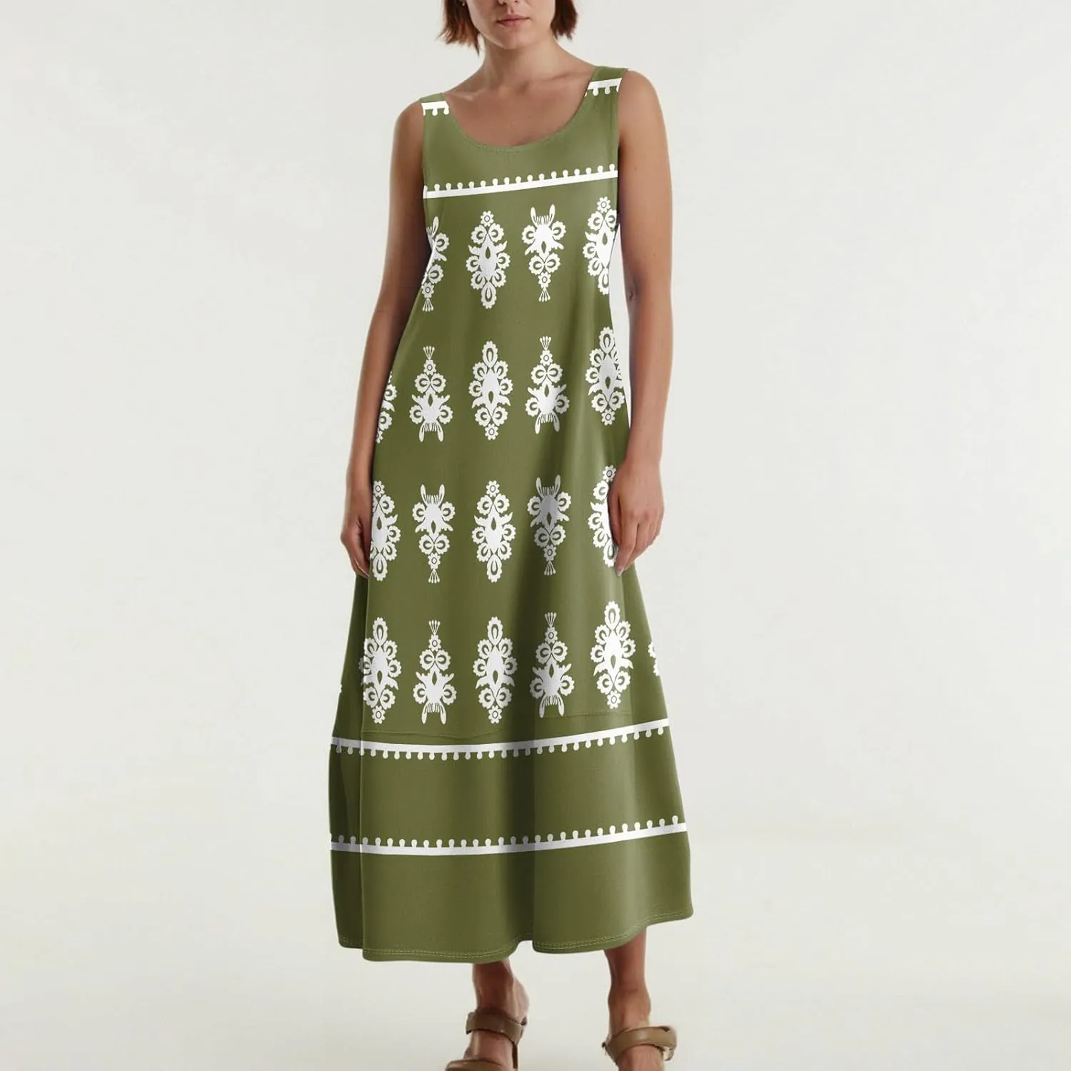 Summer Dresses for Women 2025 Sleeveless Bohemian Maxi Dress with Pockets Floral Print Maxi Sundress Beach Vacation