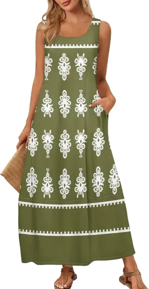 Summer Dresses for Women 2025 Sleeveless Bohemian Maxi Dress with Pockets Floral Print Maxi Sundress Beach Vacation