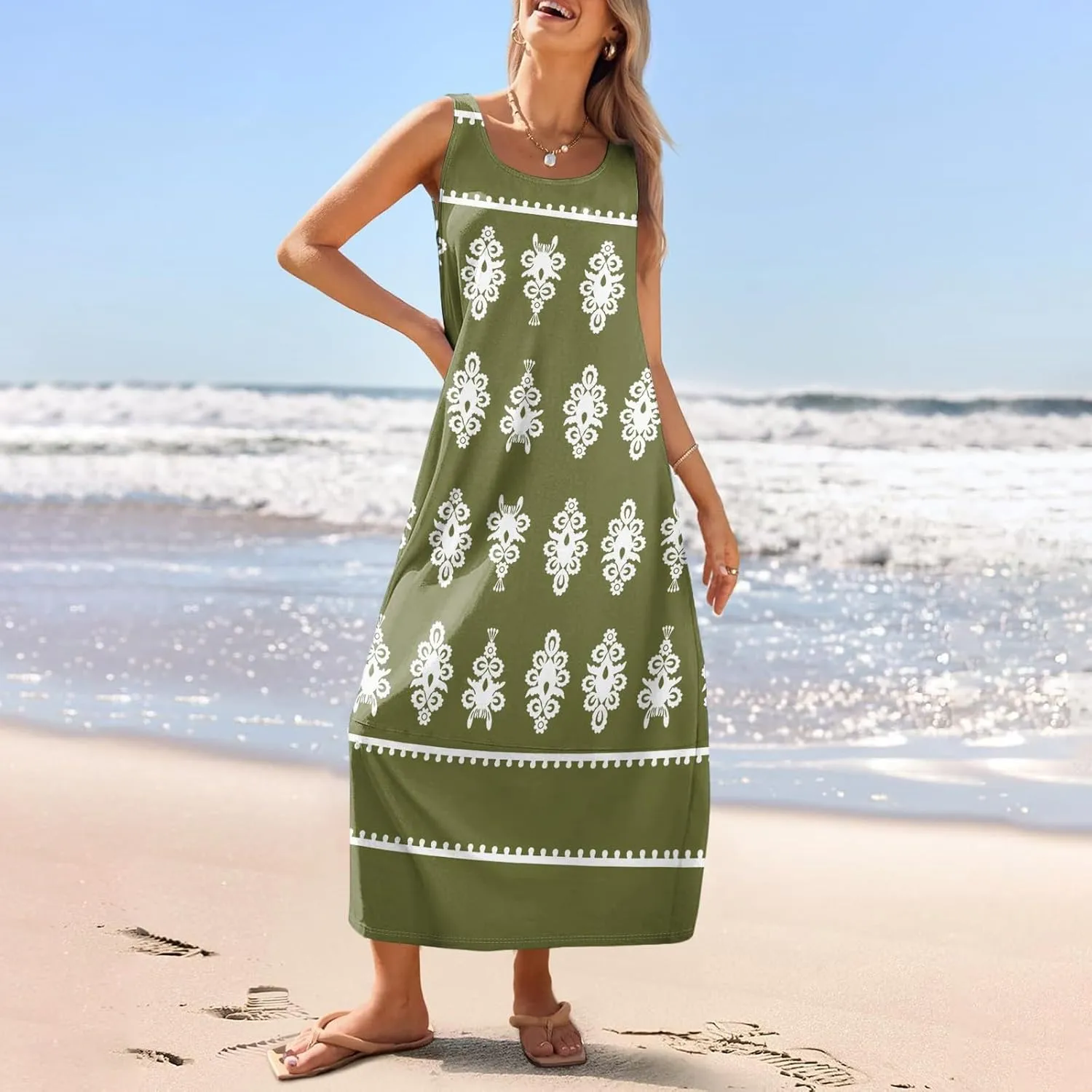 Summer Dresses for Women 2025 Sleeveless Bohemian Maxi Dress with Pockets Floral Print Maxi Sundress Beach Vacation