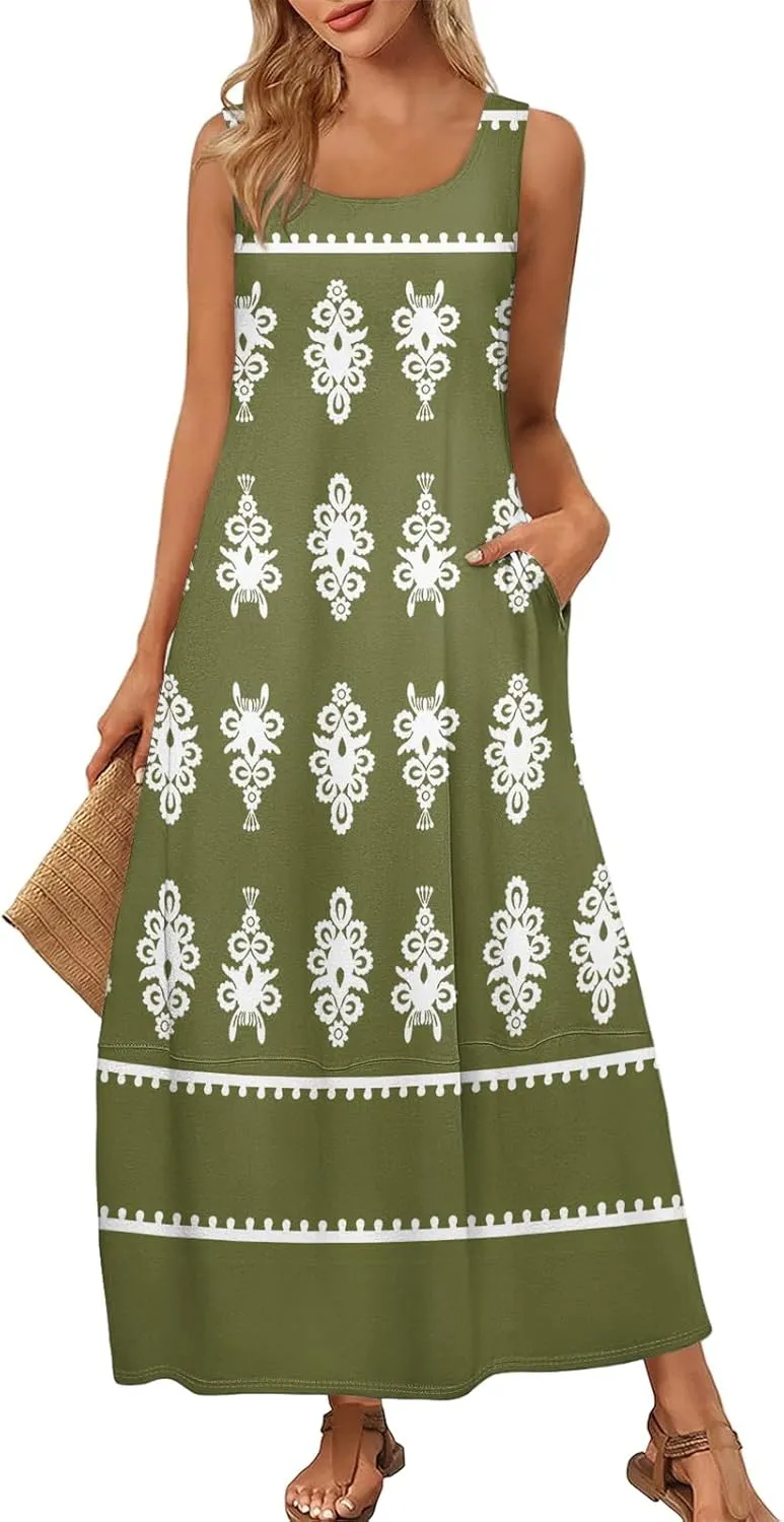Summer Dresses for Women 2025 Sleeveless Bohemian Maxi Dress with Pockets Floral Print Maxi Sundress Beach Vacation