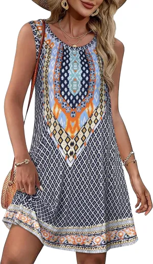 Summer Dresses for Women Beach Boho Sleeveless Vintage Floral Flowy Pocket Tshirt Tank Sundresses