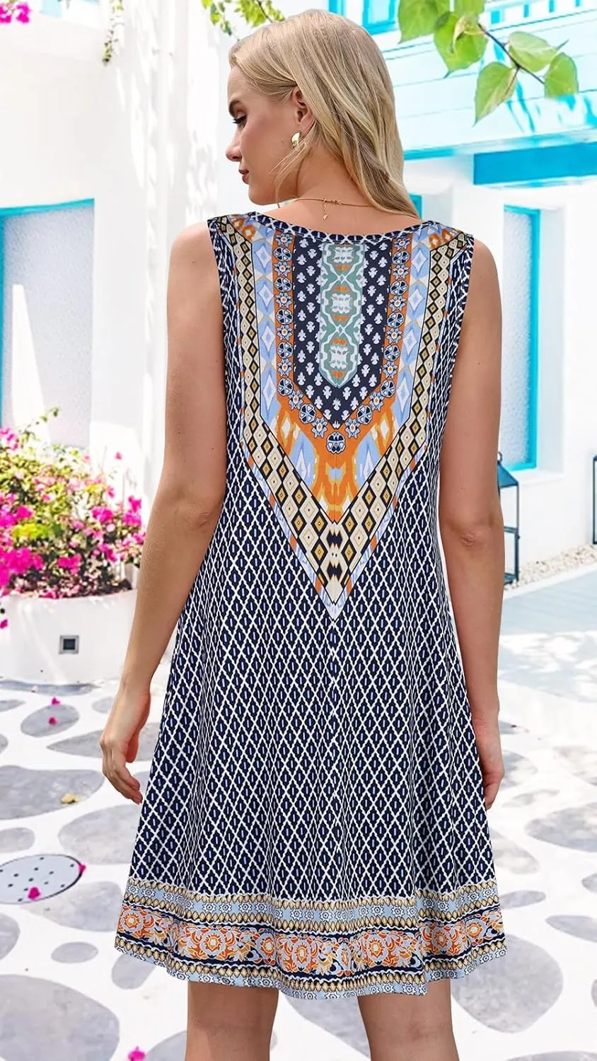 Summer Dresses for Women Beach Boho Sleeveless Vintage Floral Flowy Pocket Tshirt Tank Sundresses