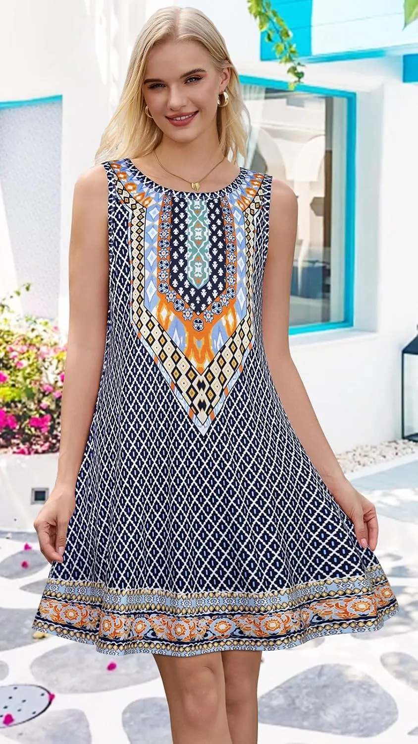 Summer Dresses for Women Beach Boho Sleeveless Vintage Floral Flowy Pocket Tshirt Tank Sundresses