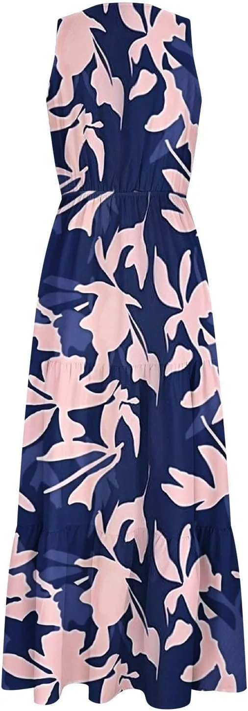 Summer Floral Dresses for Women Casual Flowy Dress Sleeveless V Neck Maxi Dress Trendy Boho Summer Beach Sun Dress